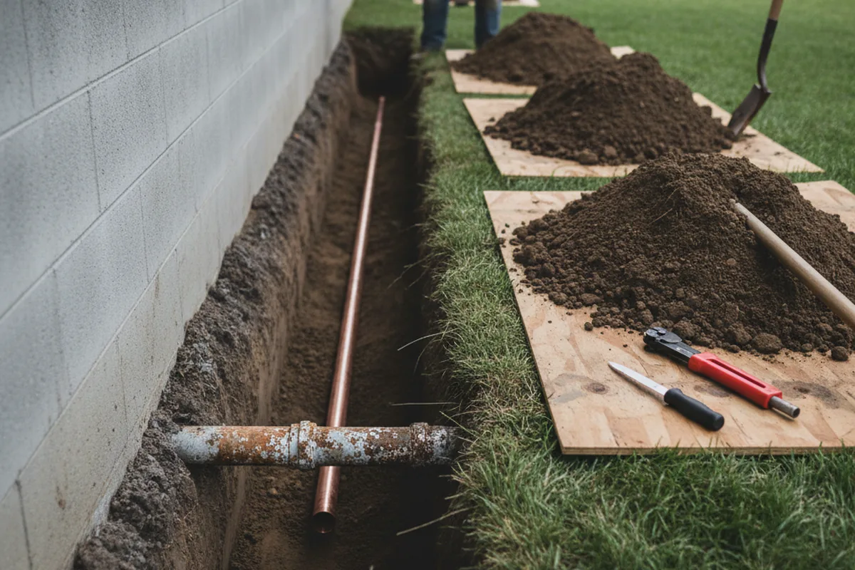 Excavated water line trench during Water Heater Repair in Poca